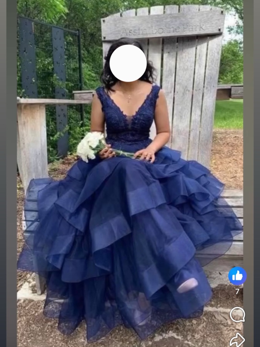 Navy Blue Tiered Prom Ball Gown with Lace Bodice